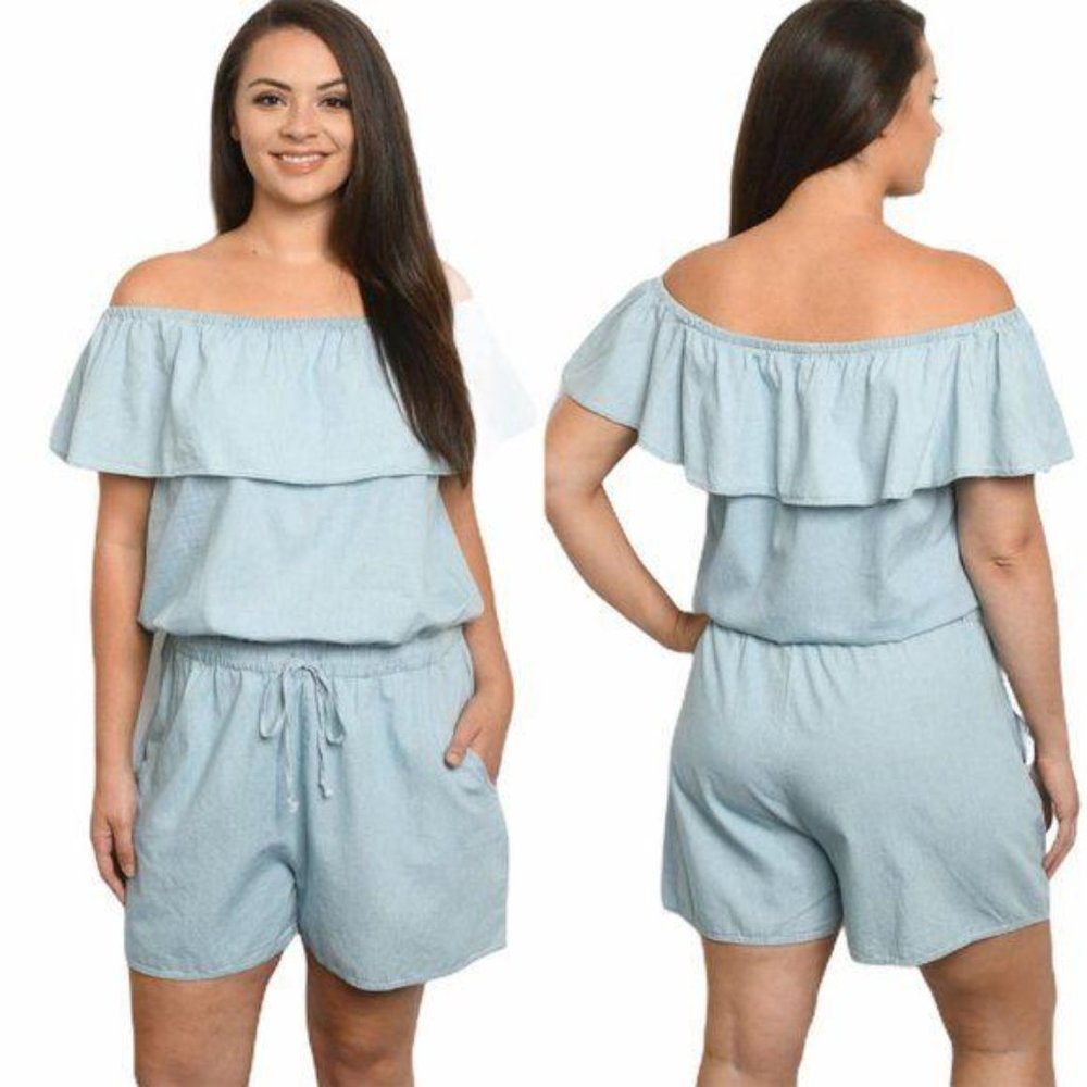 Plus Size Off-Shoulder Denim Romper Jumpsuut